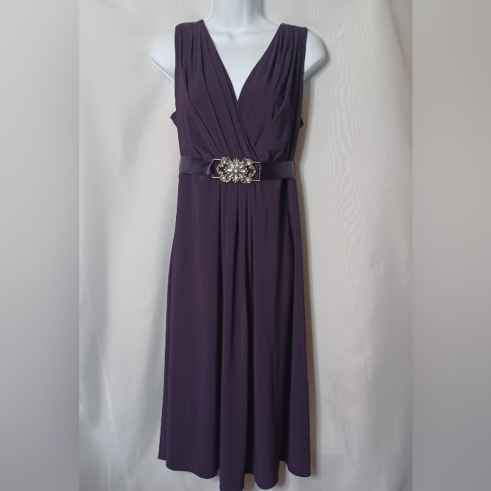 Scarlett Nite Women's Purple Sleeveless V-Neck, Rhinestones Midi Dress. 14W